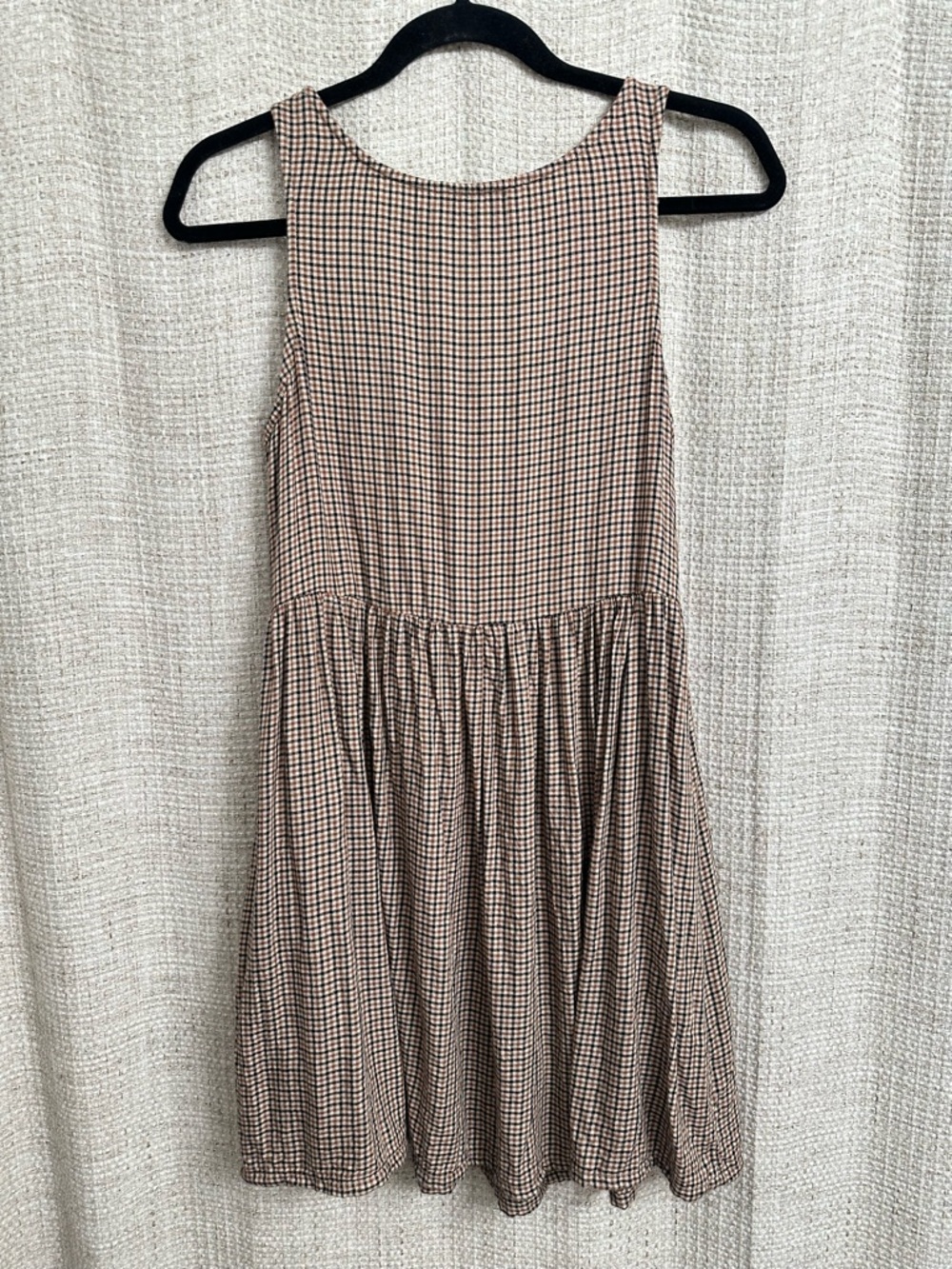 Plaid Babydoll Sleeveless Dress Pockets Brown Tan Neutral Academia Cottagecore - Picture 7 of 8